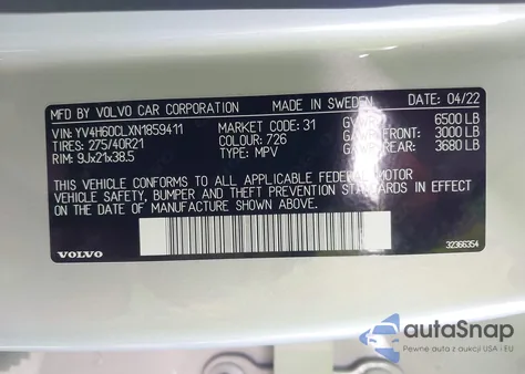 2022 Volvo Xc90 Recharge Plug-In Hybrid T8 Inscription Extended Range 7P z USA, uszkodzony, nr VIN YV4H60CLXN1859411
